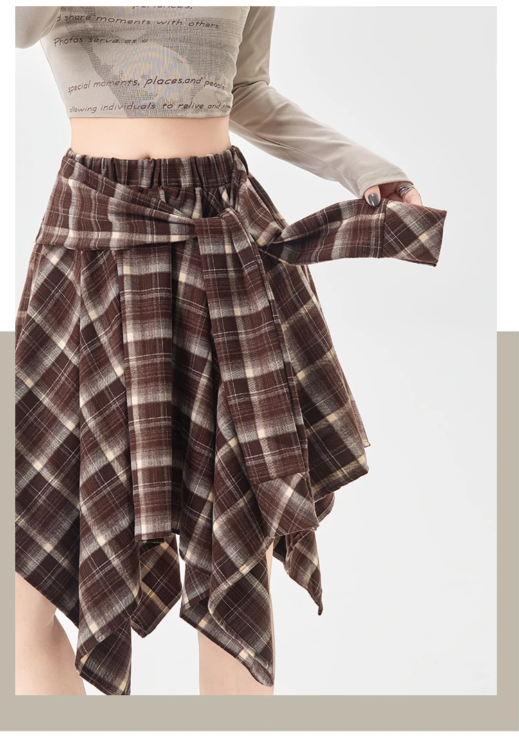 Y2K Plaid Skirt Women Vintage Strappy Asymmetrical Midi High Waist Slimming Casual A Line Short Skirt