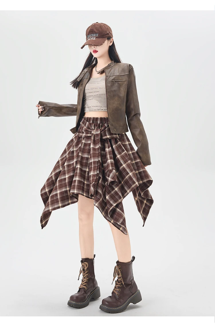 Y2K Plaid Skirt Women Vintage Strappy Asymmetrical Midi High Waist Slimming Casual A Line Short Skirt