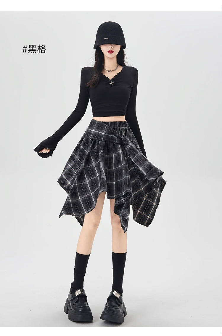 Y2K Plaid Skirt Women Vintage Strappy Asymmetrical Midi High Waist Slimming Casual A Line Short Skirt