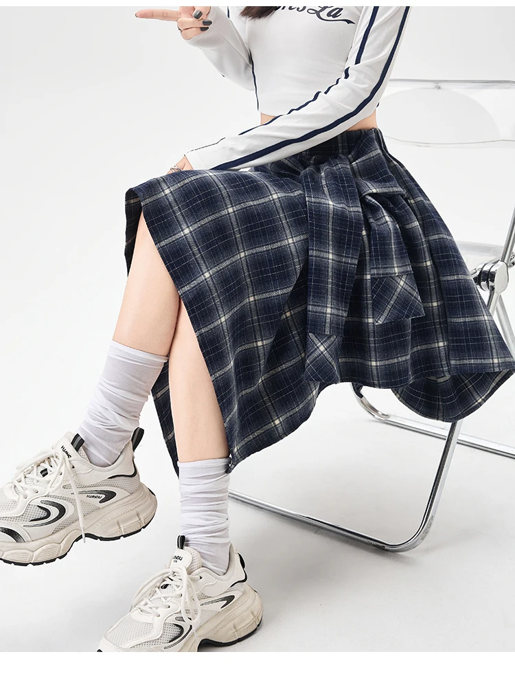 Y2K Plaid Skirt Women Vintage Strappy Asymmetrical Midi High Waist Slimming Casual A Line Short Skirt