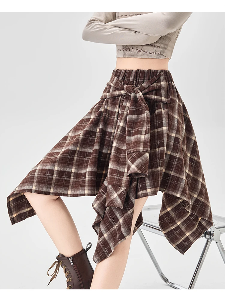 Y2K Plaid Skirt Women Vintage Strappy Asymmetrical Midi High Waist Slimming Casual A Line Short Skirt