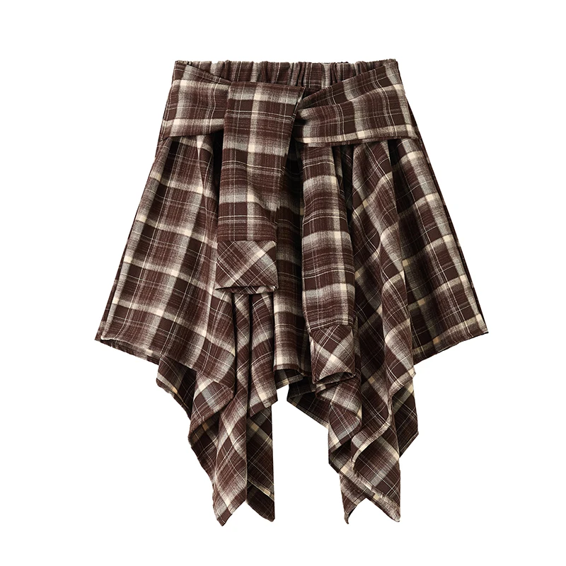 Y2K Plaid Skirt Women Vintage Strappy Asymmetrical Midi High Waist Slimming Casual A Line Short Skirt