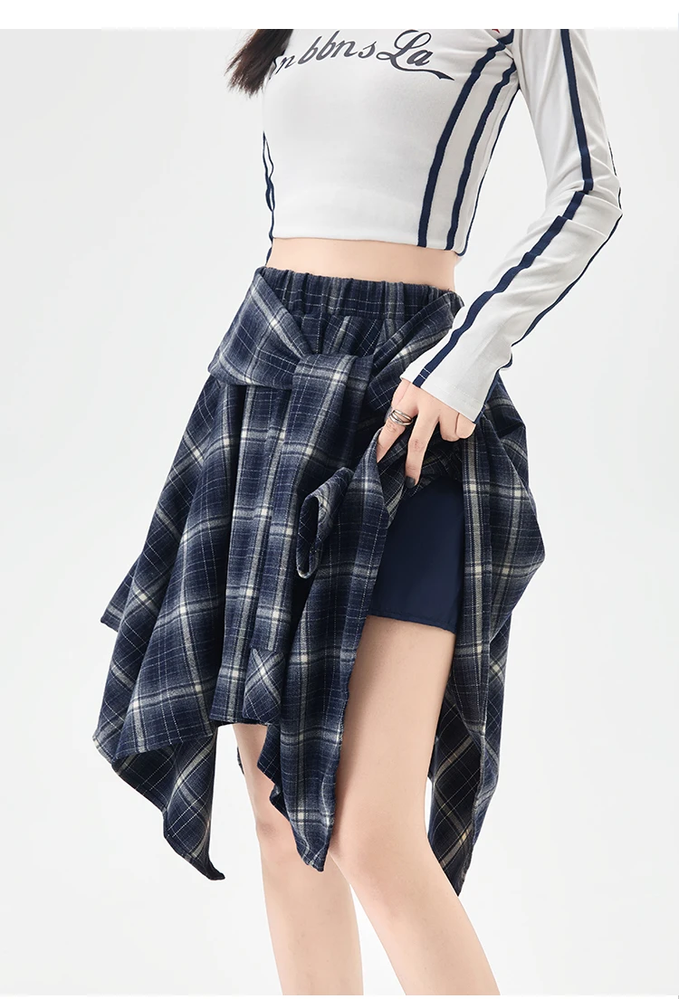 Y2K Plaid Skirt Women Vintage Strappy Asymmetrical Midi High Waist Slimming Casual A Line Short Skirt