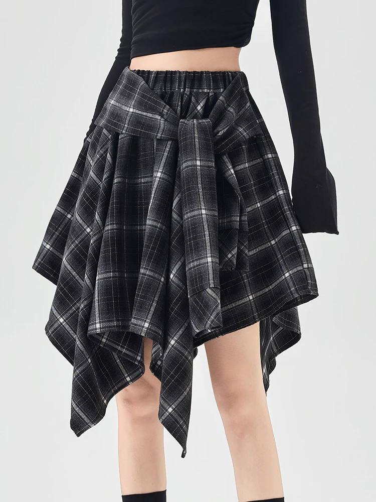 Y2K Plaid Skirt Women Vintage Strappy Asymmetrical Midi High Waist Slimming Casual A Line Short Skirt
