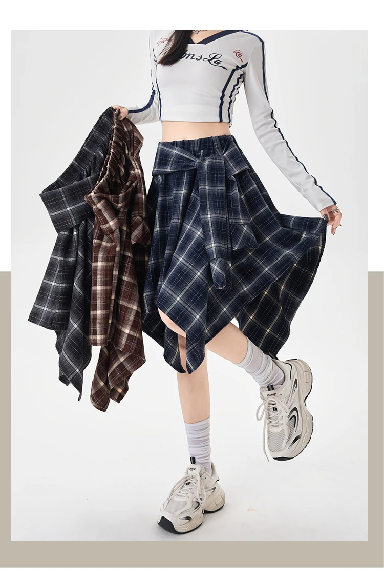 Y2K Plaid Skirt Women Vintage Strappy Asymmetrical Midi High Waist Slimming Casual A Line Short Skirt