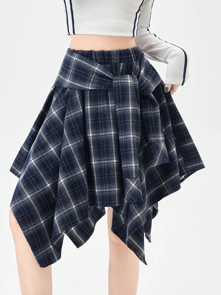 Y2K Plaid Skirt Women Vintage Strappy Asymmetrical Midi High Waist Slimming Casual A Line Short Skirt