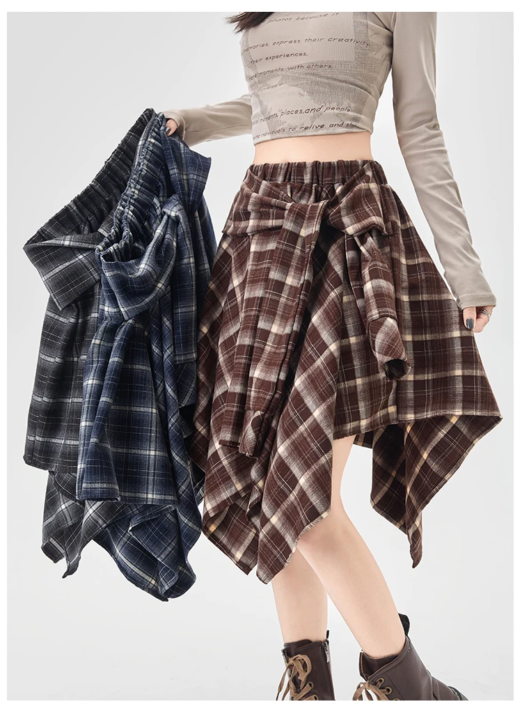 Y2K Plaid Skirt Women Vintage Strappy Asymmetrical Midi High Waist Slimming Casual A Line Short Skirt