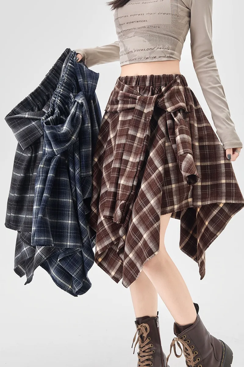 Y2K Plaid Skirt Women Vintage Strappy Asymmetrical Midi High Waist Slimming Casual A Line Short Skirt