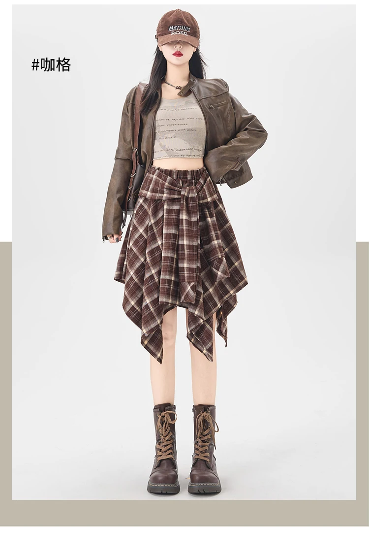 Y2K Plaid Skirt Women Vintage Strappy Asymmetrical Midi High Waist Slimming Casual A Line Short Skirt