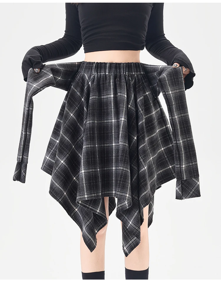 Y2K Plaid Skirt Women Vintage Strappy Asymmetrical Midi High Waist Slimming Casual A Line Short Skirt