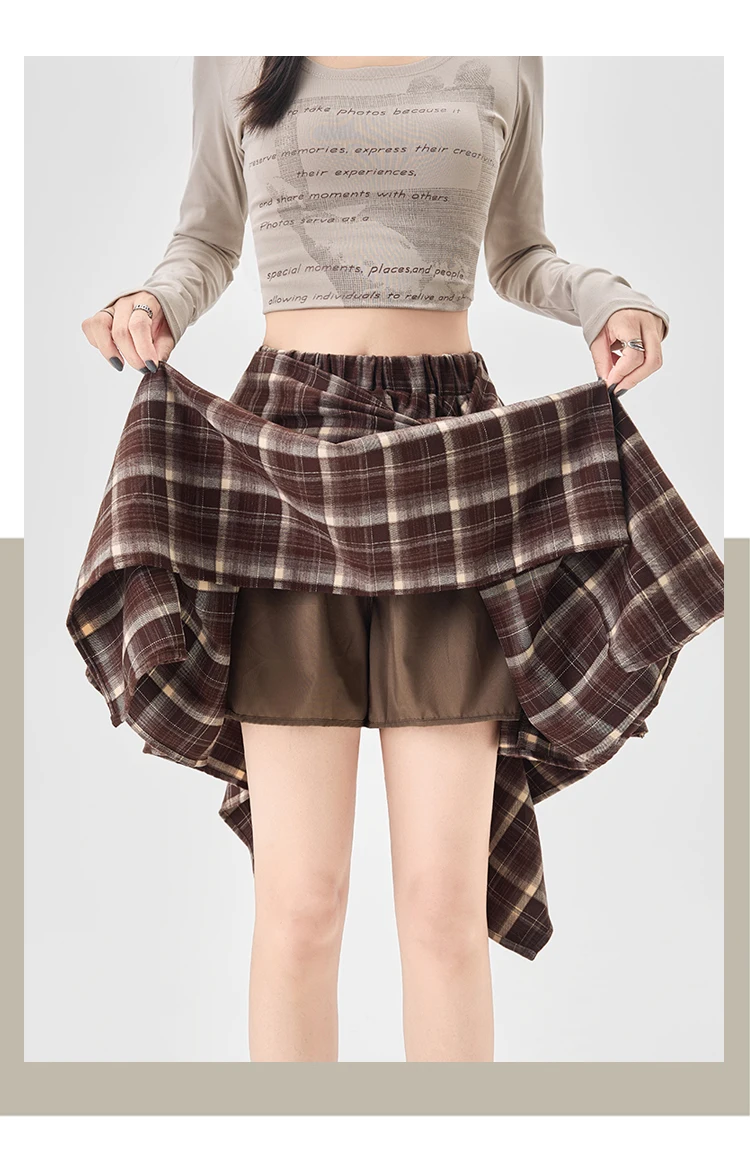 Y2K Plaid Skirt Women Vintage Strappy Asymmetrical Midi High Waist Slimming Casual A Line Short Skirt