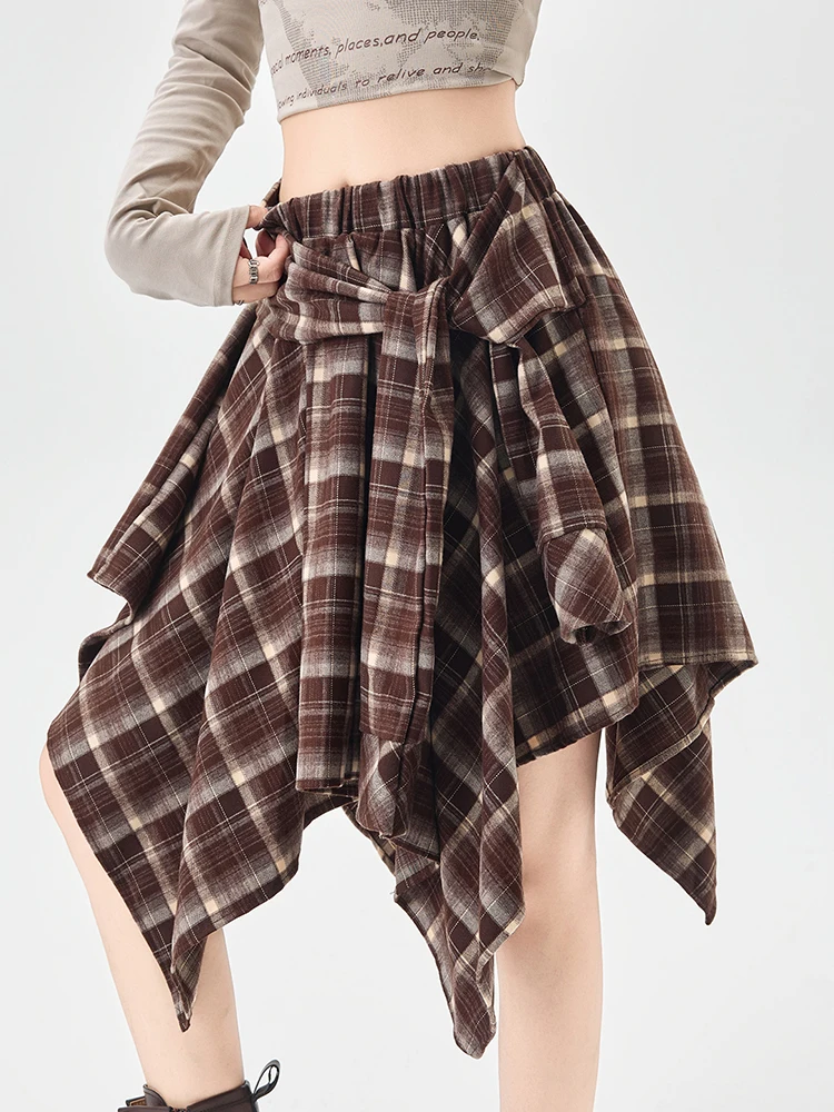Y2K Plaid Skirt Women Vintage Strappy Asymmetrical Midi High Waist Slimming Casual A Line Short Skirt