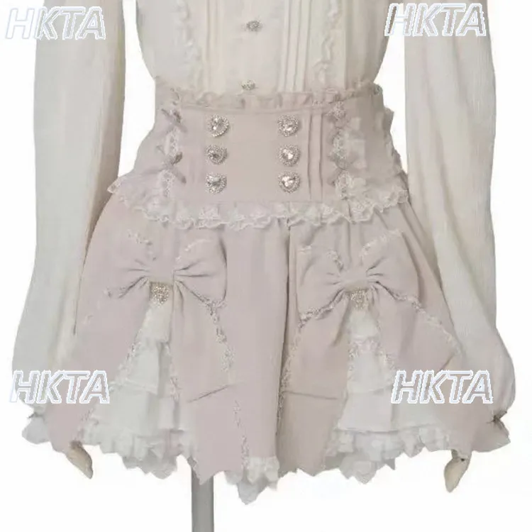 2026 Summer New Liz Skirt Japanese Style Love Buckle Double Bows High Waist Skirts Lace Patchwork Black Plaid Skirt for Women