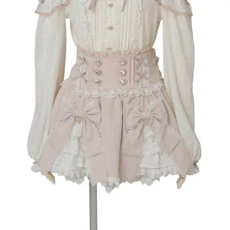 2026 Summer New Liz Skirt Japanese Style Love Buckle Double Bows High Waist Skirts Lace Patchwork Black Plaid Skirt for Women