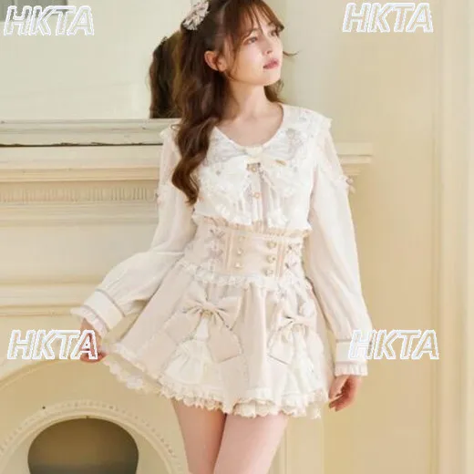 2026 Summer New Liz Skirt Japanese Style Love Buckle Double Bows High Waist Skirts Lace Patchwork Black Plaid Skirt for Women