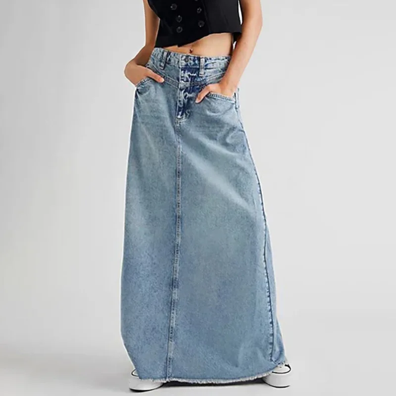 Women Skirts Denim Sexy Wrap Buttocks Dress High Waist Solid Vestidos Casual Patchwork Pockets Ankle Length Washing Slim