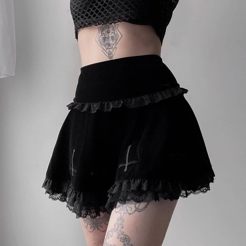 Lamuusaa Punk Gothic Skirt 2000s Women Black Dark Academia Cross Print High Waist Pleated A-line Skirt y2k Vintage Lace Skirts