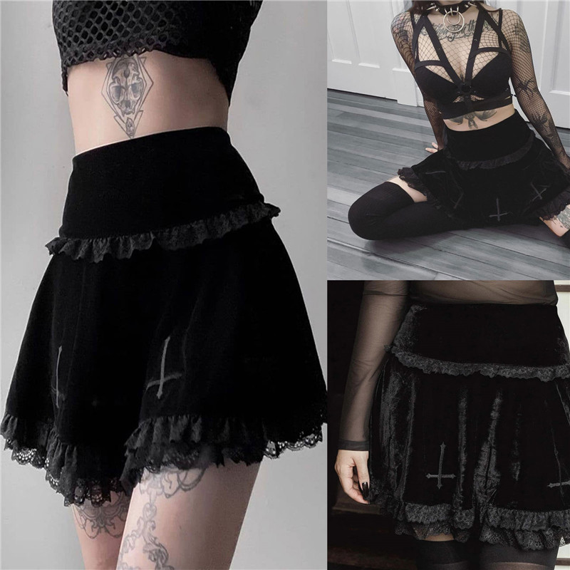Lamuusaa Punk Gothic Skirt 2000s Women Black Dark Academia Cross Print High Waist Pleated A-line Skirt y2k Vintage Lace Skirts