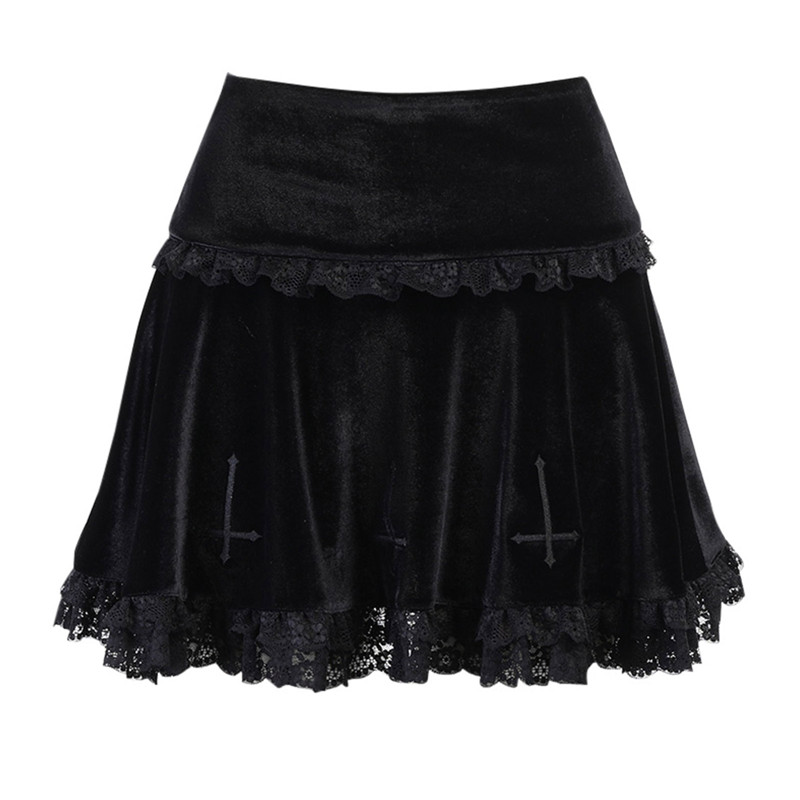 Lamuusaa Punk Gothic Skirt 2000s Women Black Dark Academia Cross Print High Waist Pleated A-line Skirt y2k Vintage Lace Skirts