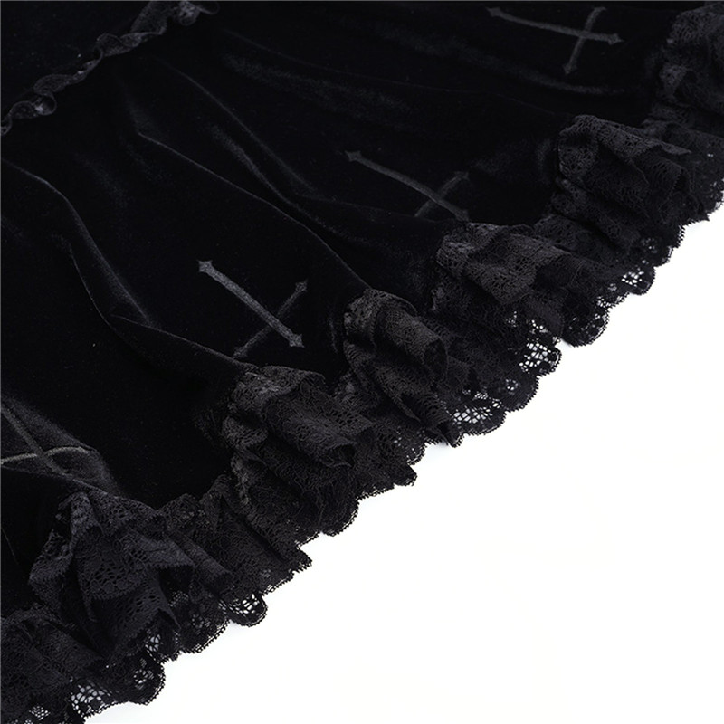 Lamuusaa Punk Gothic Skirt 2000s Women Black Dark Academia Cross Print High Waist Pleated A-line Skirt y2k Vintage Lace Skirts