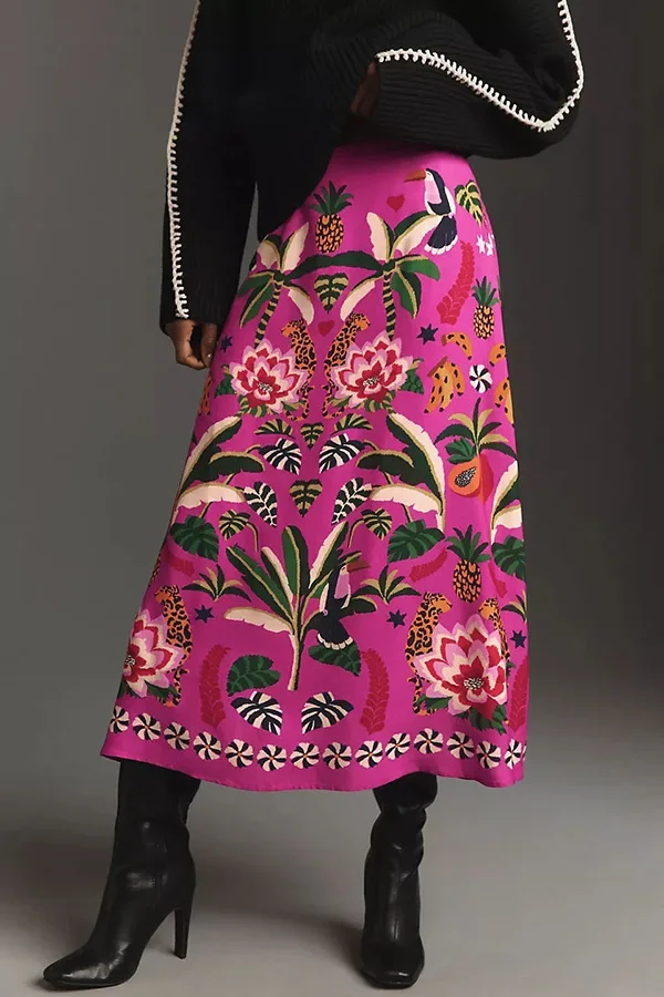 2024 Spring/Summer New Street Tropical Plant Print Retro Half Skirt Women's Elegant Lower Half Colored Printed Half Skirt