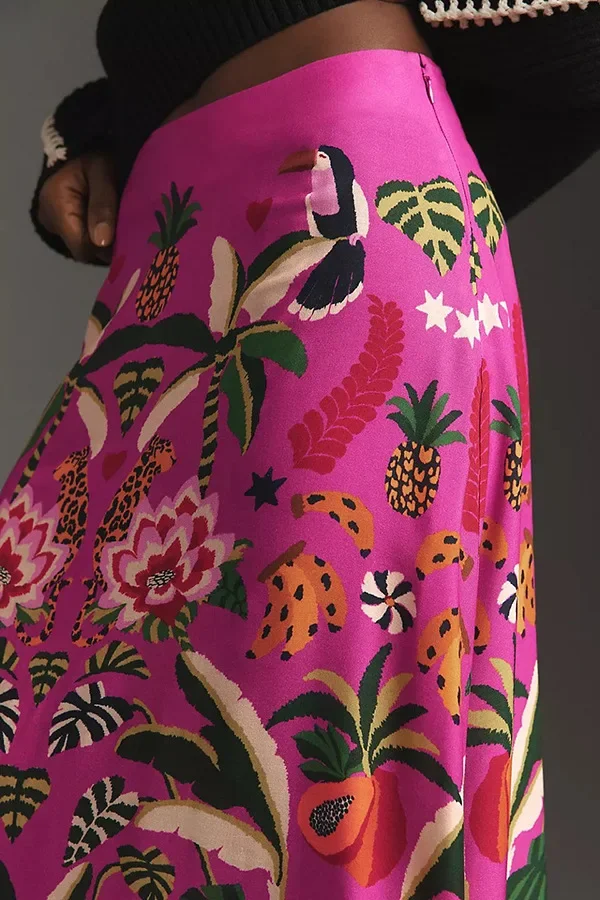 2024 Spring/Summer New Street Tropical Plant Print Retro Half Skirt Women's Elegant Lower Half Colored Printed Half Skirt