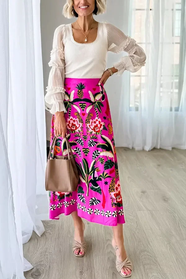 2024 Spring/Summer New Street Tropical Plant Print Retro Half Skirt Women's Elegant Lower Half Colored Printed Half Skirt