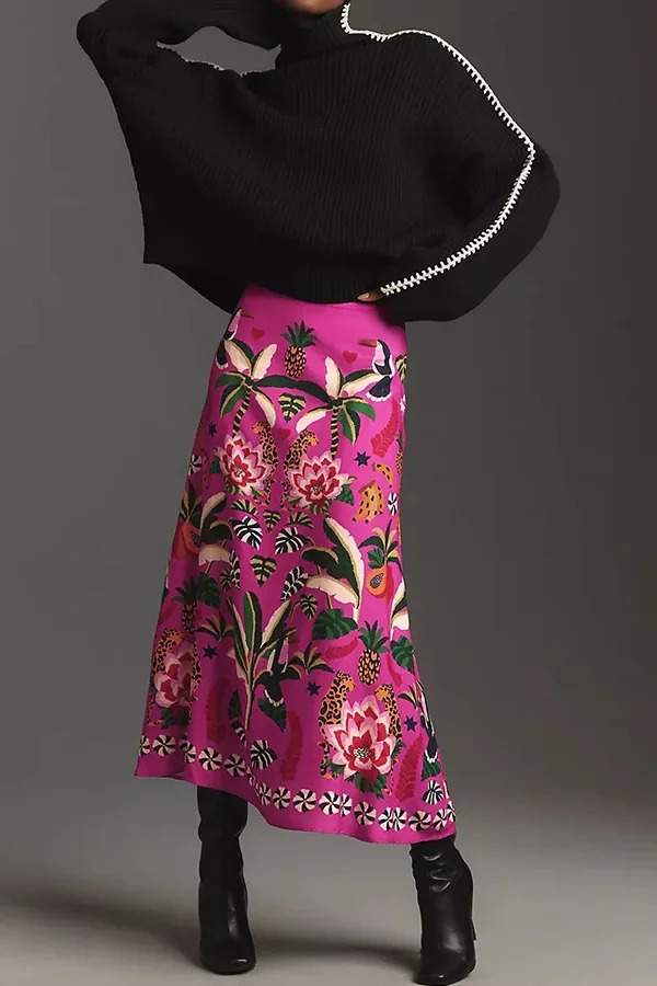 2024 Spring/Summer New Street Tropical Plant Print Retro Half Skirt Women's Elegant Lower Half Colored Printed Half Skirt