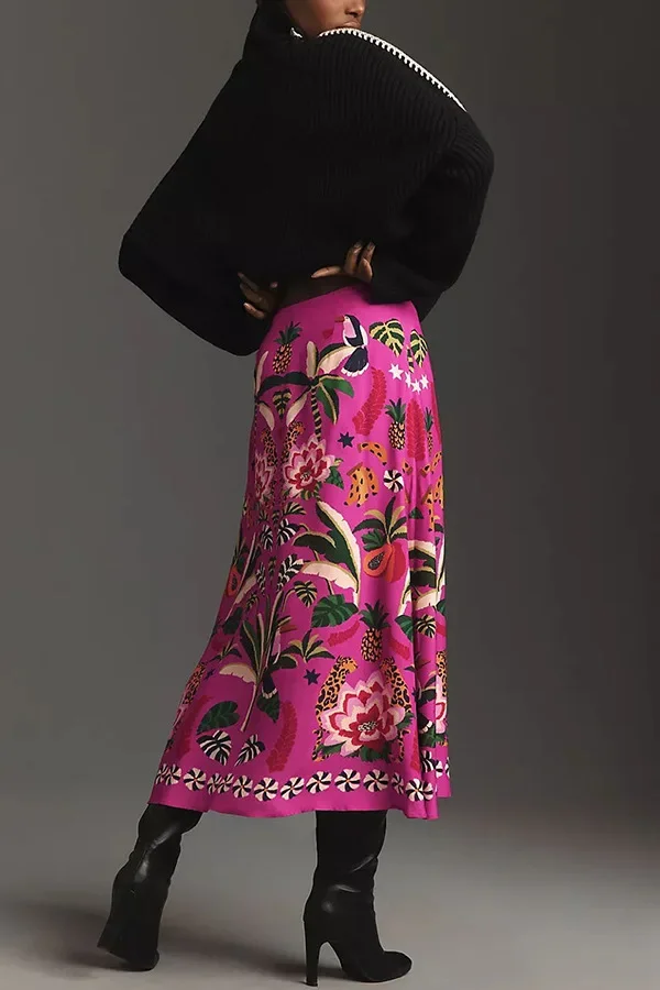 2024 Spring/Summer New Street Tropical Plant Print Retro Half Skirt Women's Elegant Lower Half Colored Printed Half Skirt