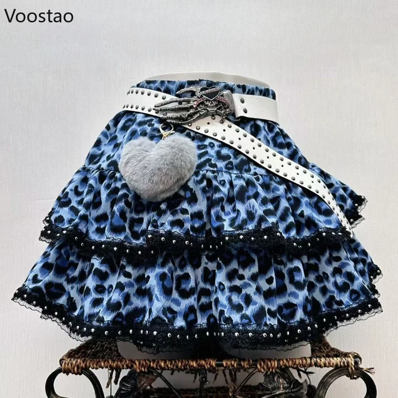 Y2k Aesthetic Japanese Vintage Lolita Style Denim Skirt Women Gothic Leopard Print Mini Skirts Streetwear Harajuku Punk JK Skirt