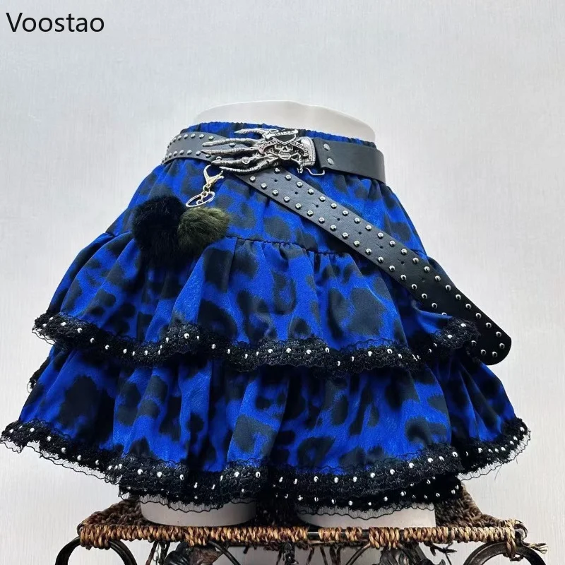 Y2k Aesthetic Japanese Vintage Lolita Style Denim Skirt Women Gothic Leopard Print Mini Skirts Streetwear Harajuku Punk JK Skirt