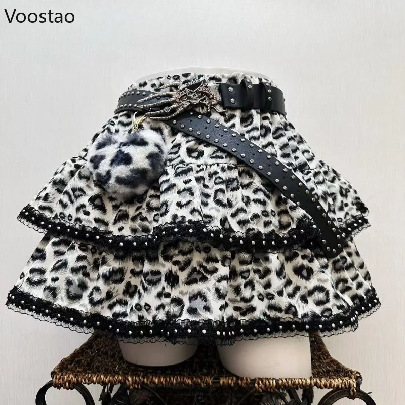 Y2k Aesthetic Japanese Vintage Lolita Style Denim Skirt Women Gothic Leopard Print Mini Skirts Streetwear Harajuku Punk JK Skirt
