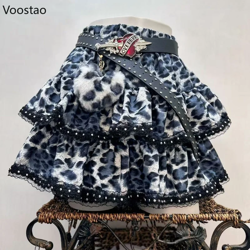 Y2k Aesthetic Japanese Vintage Lolita Style Denim Skirt Women Gothic Leopard Print Mini Skirts Streetwear Harajuku Punk JK Skirt