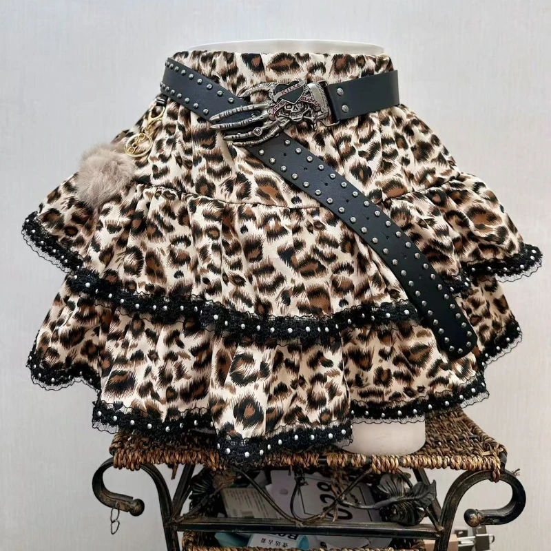 Y2k Aesthetic Japanese Vintage Lolita Style Denim Skirt Women Gothic Leopard Print Mini Skirts Streetwear Harajuku Punk JK Skirt