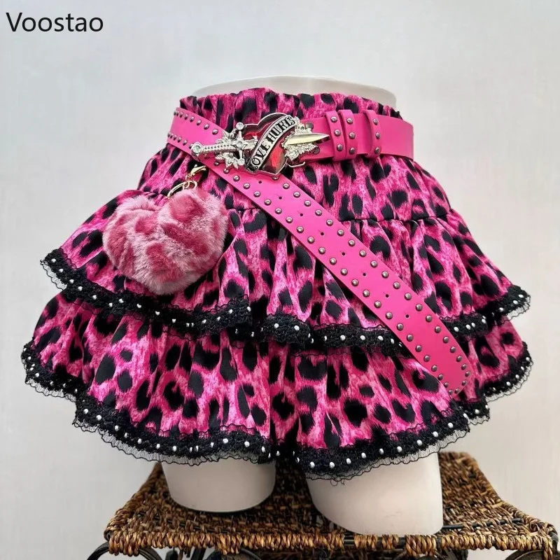 Y2k Aesthetic Japanese Vintage Lolita Style Denim Skirt Women Gothic Leopard Print Mini Skirts Streetwear Harajuku Punk JK Skirt