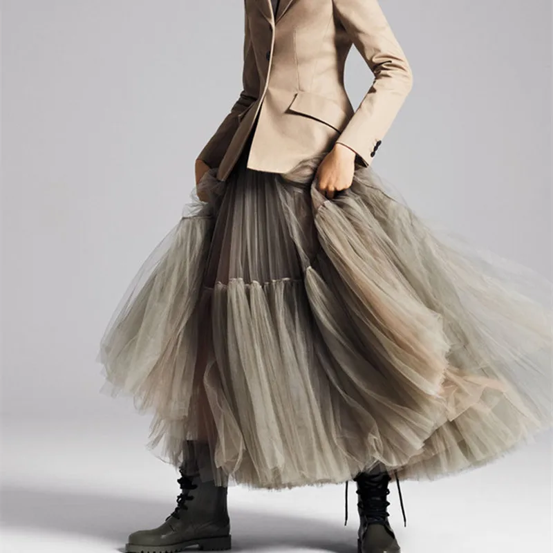 Maxi Long Tulle Skirt for Women Black Gothic Pleated Casual Party Fairycore Summer Winter Jupe Longue 2026 Falda Mujer