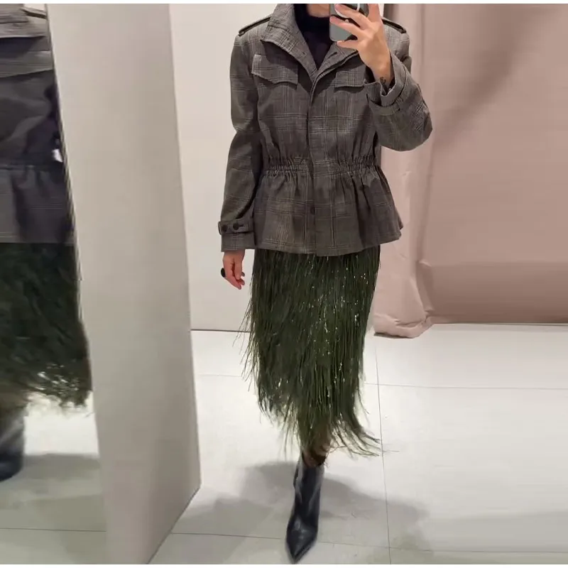 Fashion Beaded Tassels Long Skirt Women Loose High Waist A-line Female Skirts 2026 Autumn Winter Lady Y2k Party Clothes