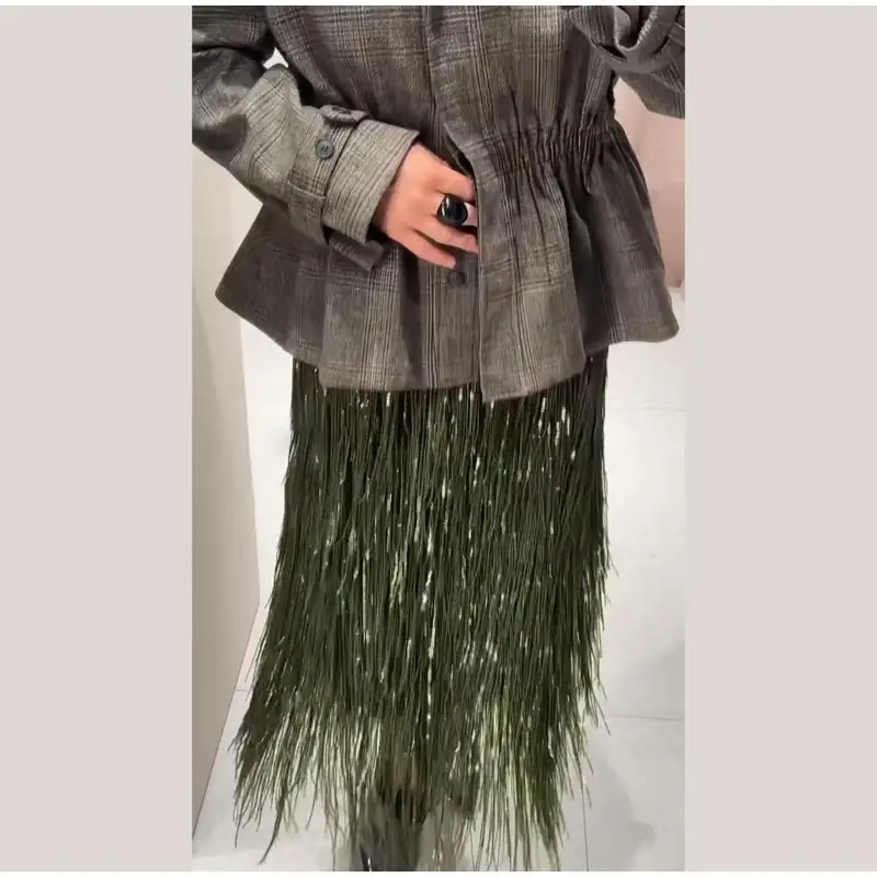 Fashion Beaded Tassels Long Skirt Women Loose High Waist A-line Female Skirts 2026 Autumn Winter Lady Y2k Party Clothes