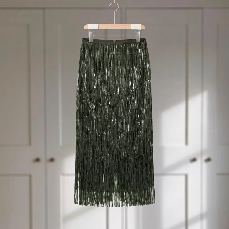 Fashion Beaded Tassels Long Skirt Women Loose High Waist A-line Female Skirts 2026 Autumn Winter Lady Y2k Party Clothes