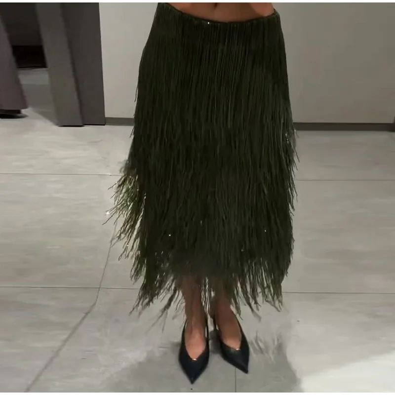 Fashion Beaded Tassels Long Skirt Women Loose High Waist A-line Female Skirts 2026 Autumn Winter Lady Y2k Party Clothes