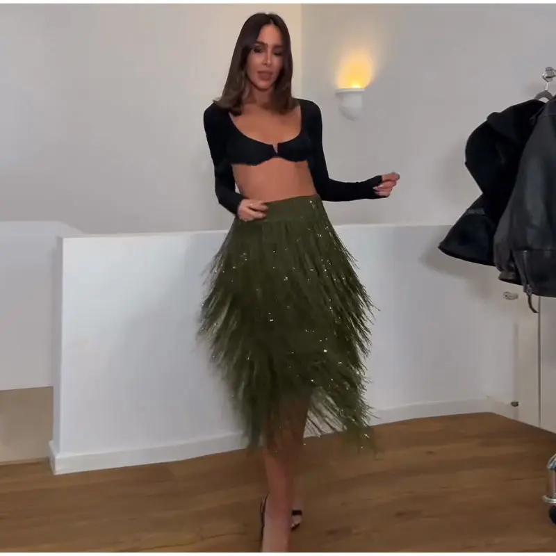 Fashion Beaded Tassels Long Skirt Women Loose High Waist A-line Female Skirts 2026 Autumn Winter Lady Y2k Party Clothes