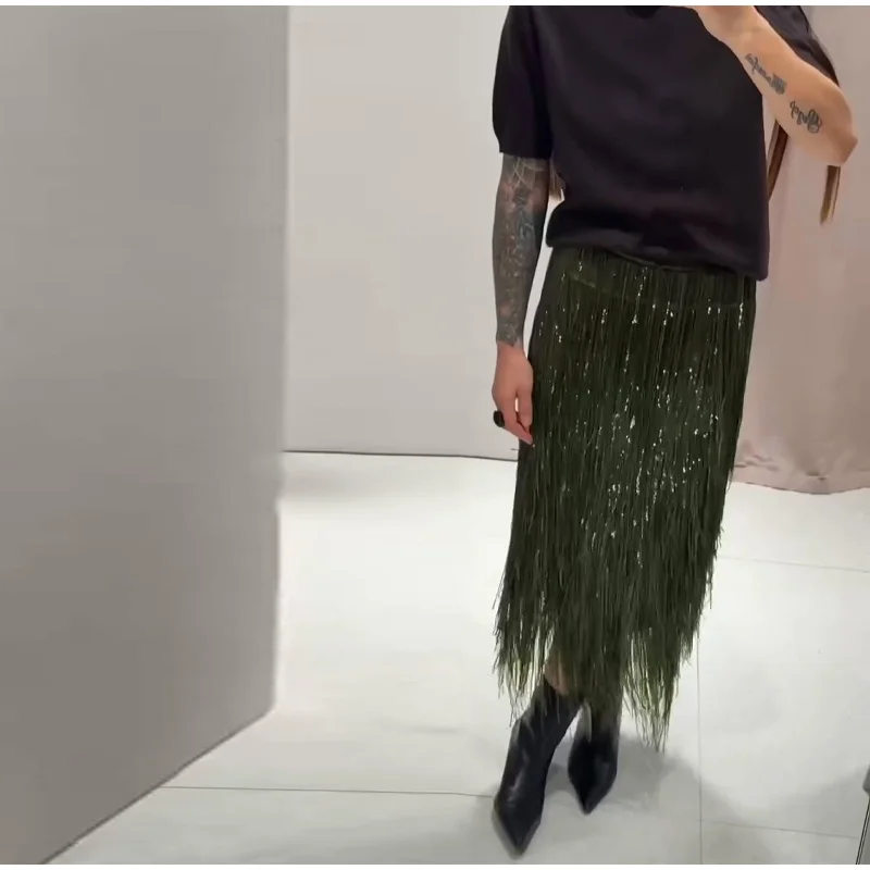 Fashion Beaded Tassels Long Skirt Women Loose High Waist A-line Female Skirts 2026 Autumn Winter Lady Y2k Party Clothes