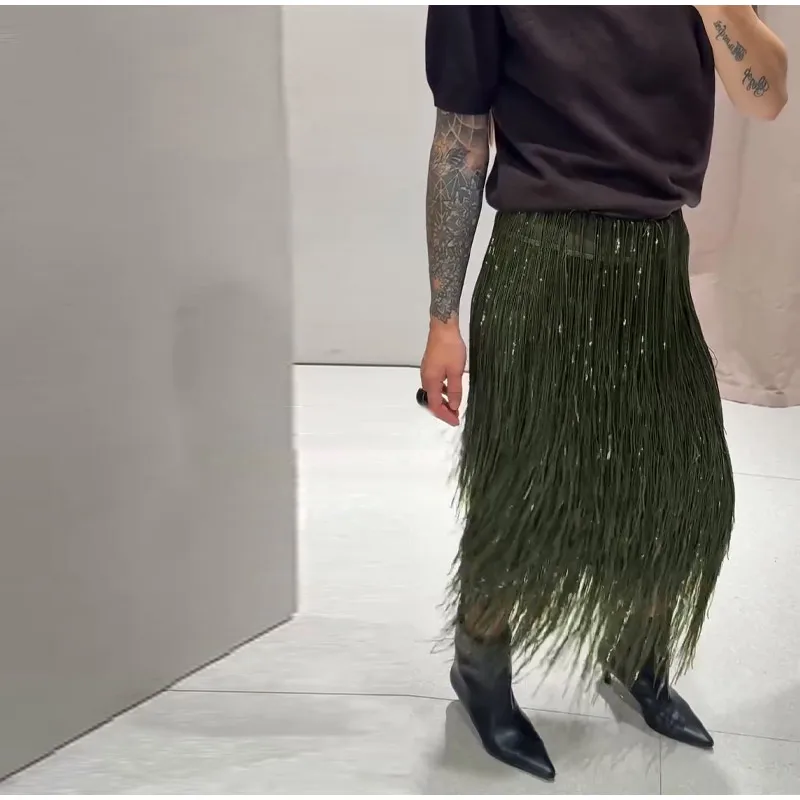 Fashion Beaded Tassels Long Skirt Women Loose High Waist A-line Female Skirts 2026 Autumn Winter Lady Y2k Party Clothes
