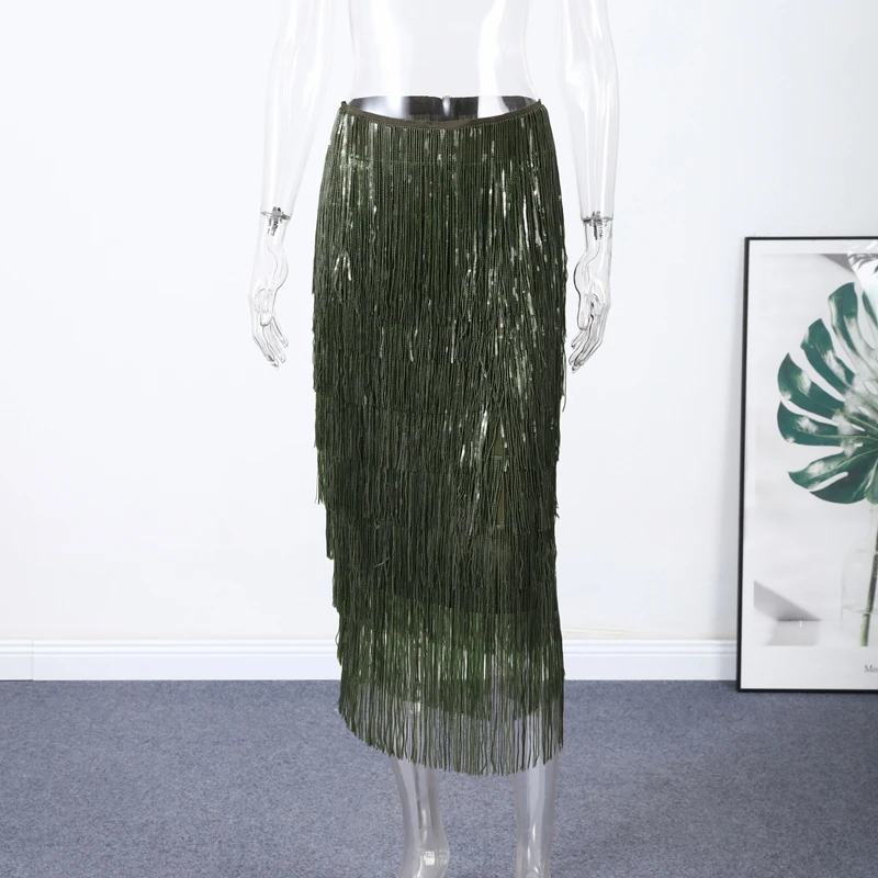 Fashion Beaded Tassels Long Skirt Women Loose High Waist A-line Female Skirts 2026 Autumn Winter Lady Y2k Party Clothes