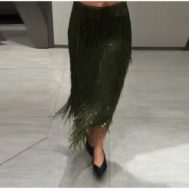 Fashion Beaded Tassels Long Skirt Women Loose High Waist A-line Female Skirts 2026 Autumn Winter Lady Y2k Party Clothes