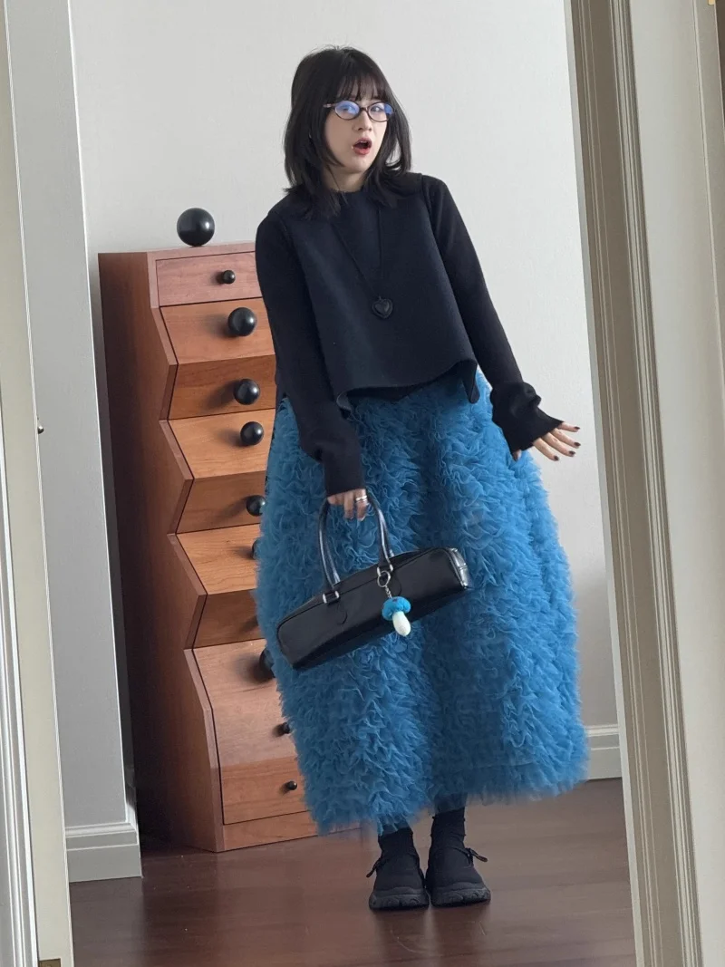 New Fashion Sweet Mesh Skirt Women Spring Summer Retro Elastic Waist Ruffles Long Skirts Club Party Long Tulle Jupe
