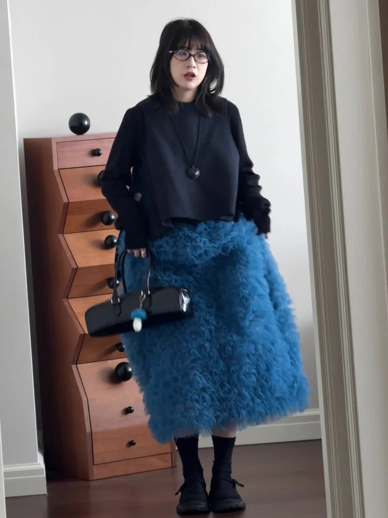 New Fashion Sweet Mesh Skirt Women Spring Summer Retro Elastic Waist Ruffles Long Skirts Club Party Long Tulle Jupe