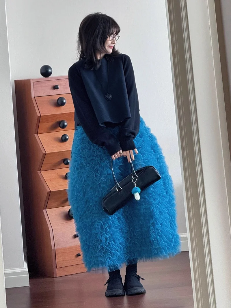 New Fashion Sweet Mesh Skirt Women Spring Summer Retro Elastic Waist Ruffles Long Skirts Club Party Long Tulle Jupe