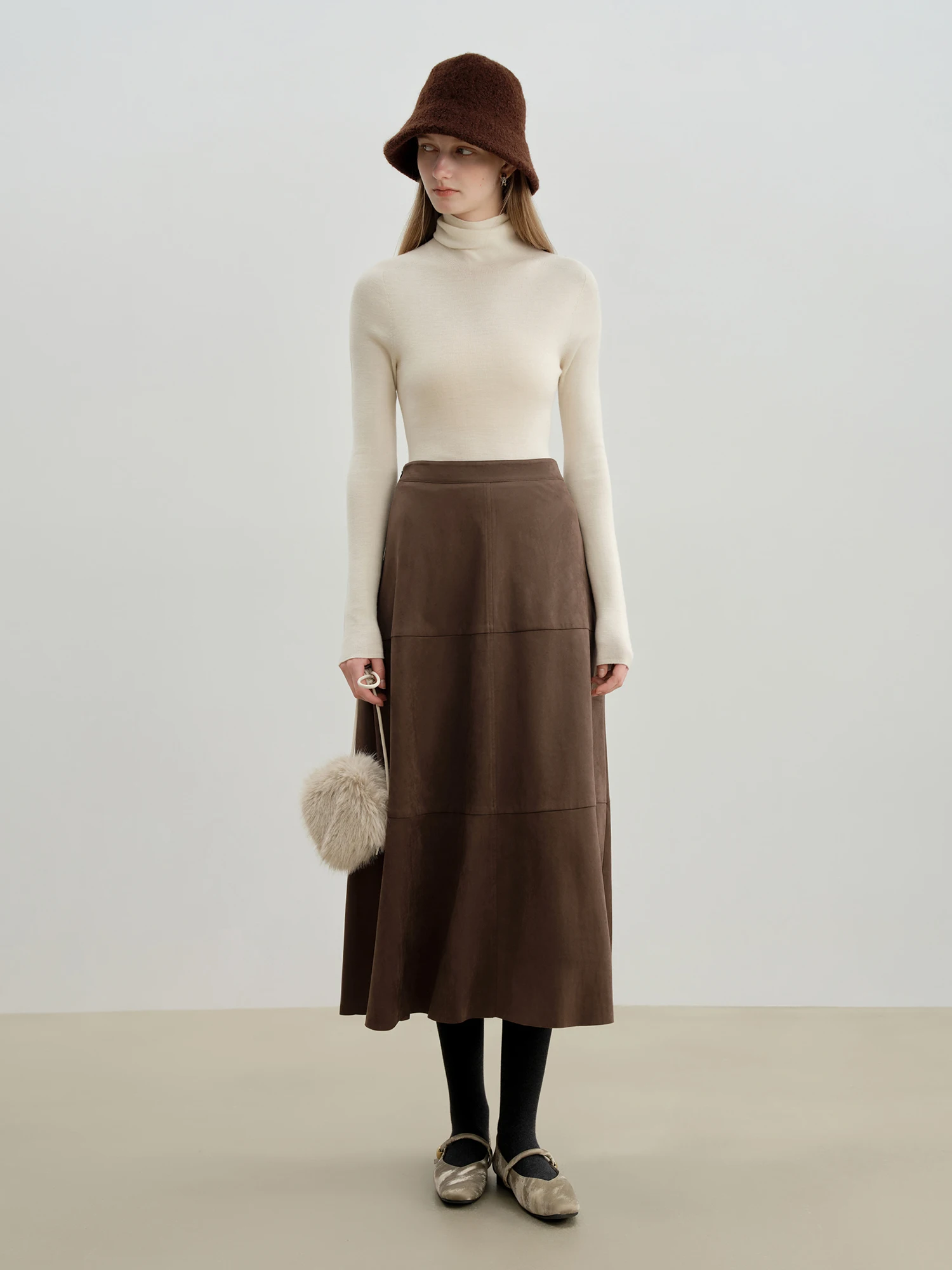ZIQIAO Petite Size 2025 Women's Vintage Panelled A-Line Midi Skirt Retro Split Hem Long Skirt Elegant High Waist Autumn Winter