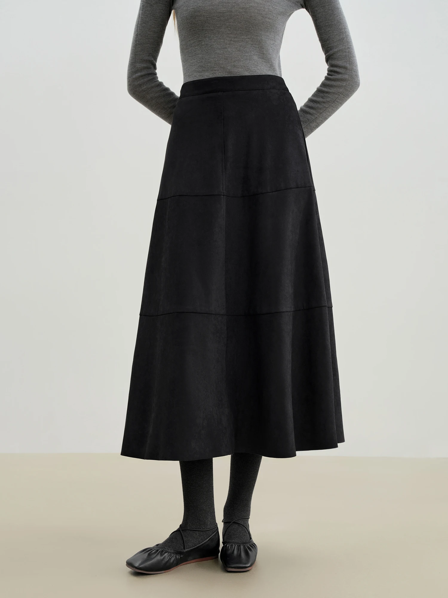 ZIQIAO Petite Size 2025 Women's Vintage Panelled A-Line Midi Skirt Retro Split Hem Long Skirt Elegant High Waist Autumn Winter